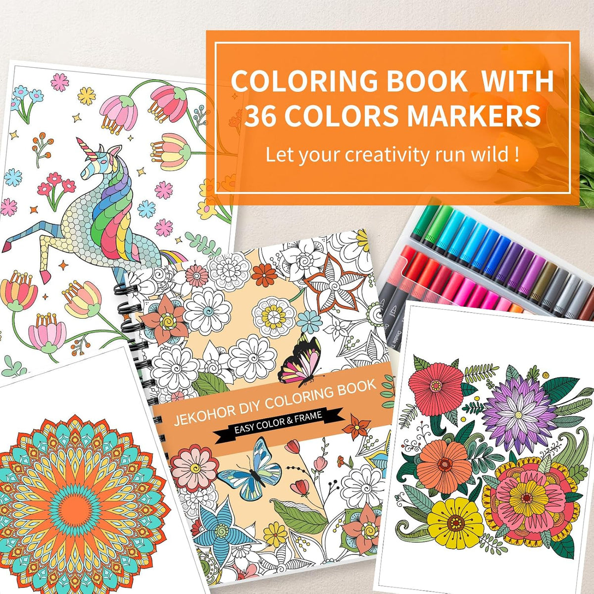 Adult Coloring Book with 36 Color Markers, Floral, Animal & Mandala Designs
