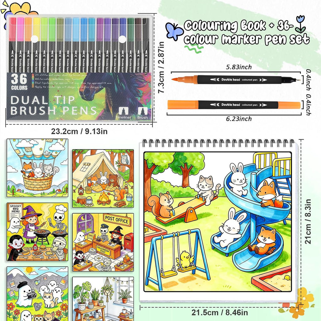 3Pack Adult Coloring Books with Markers, Spiral Bound Stress Relief Art Kit