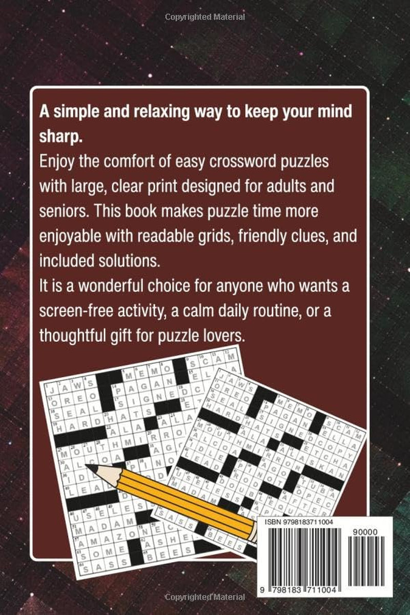 Easy Crossword Puzzle Book for Adults and Seniors: 50 Large Print Easy Puzzles with Solutions | Compact 6" X 9" Travel Size Brain Games for Relaxation, Vocabulary Building, and Mental Exercise