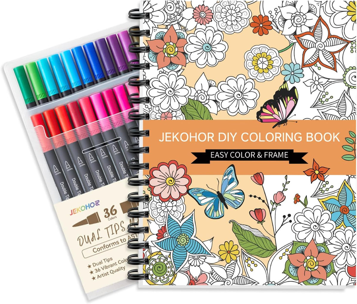 Adult Coloring Book with 36 Color Markers, Floral, Animal & Mandala Designs