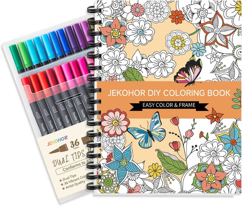 Adult Coloring Book with 36 Color Markers, Floral, Animal & Mandala Designs