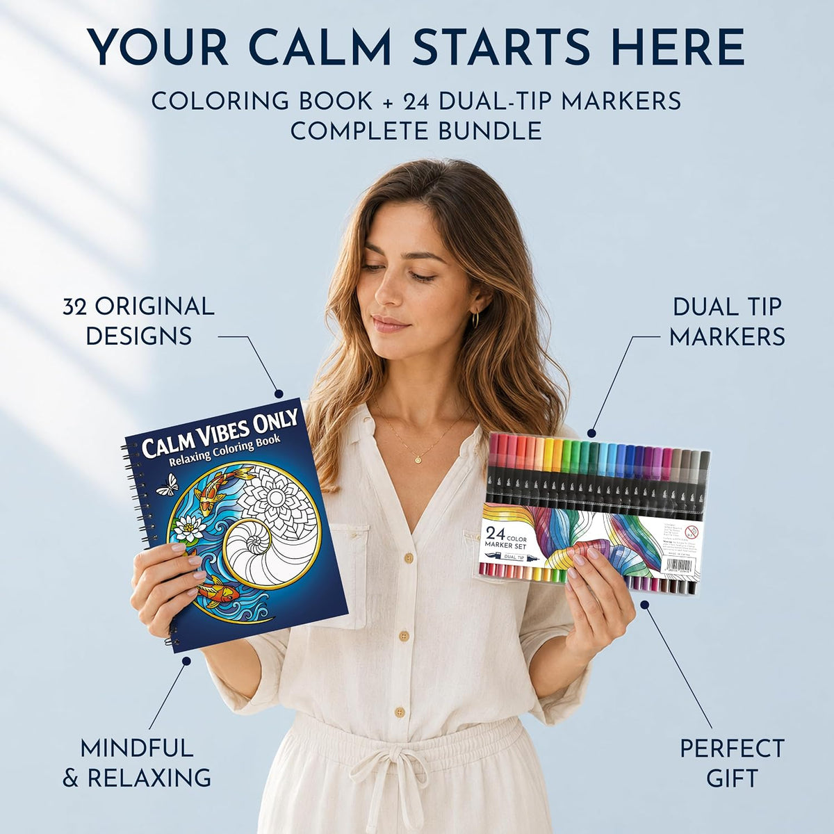 Adult Coloring Book for Women with 24 Markers, Spiral-Bound Stress Relief