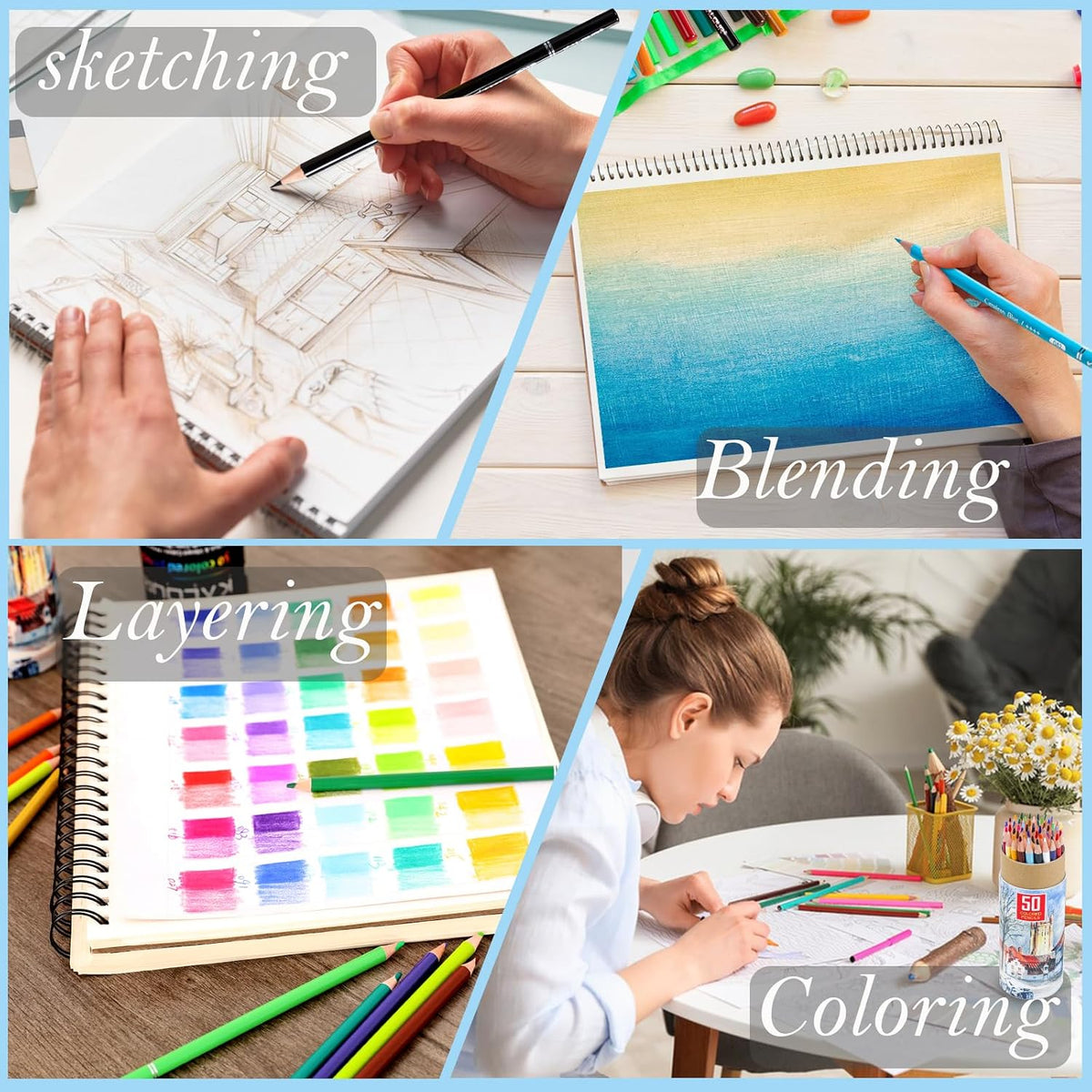 Premium Colored Pencils,Set of 50 Colors,Artists Soft Core with Vibrant Color,Ideal for Layering Blending Shading,Color Pencils for Adults Beginners Coloring Book…