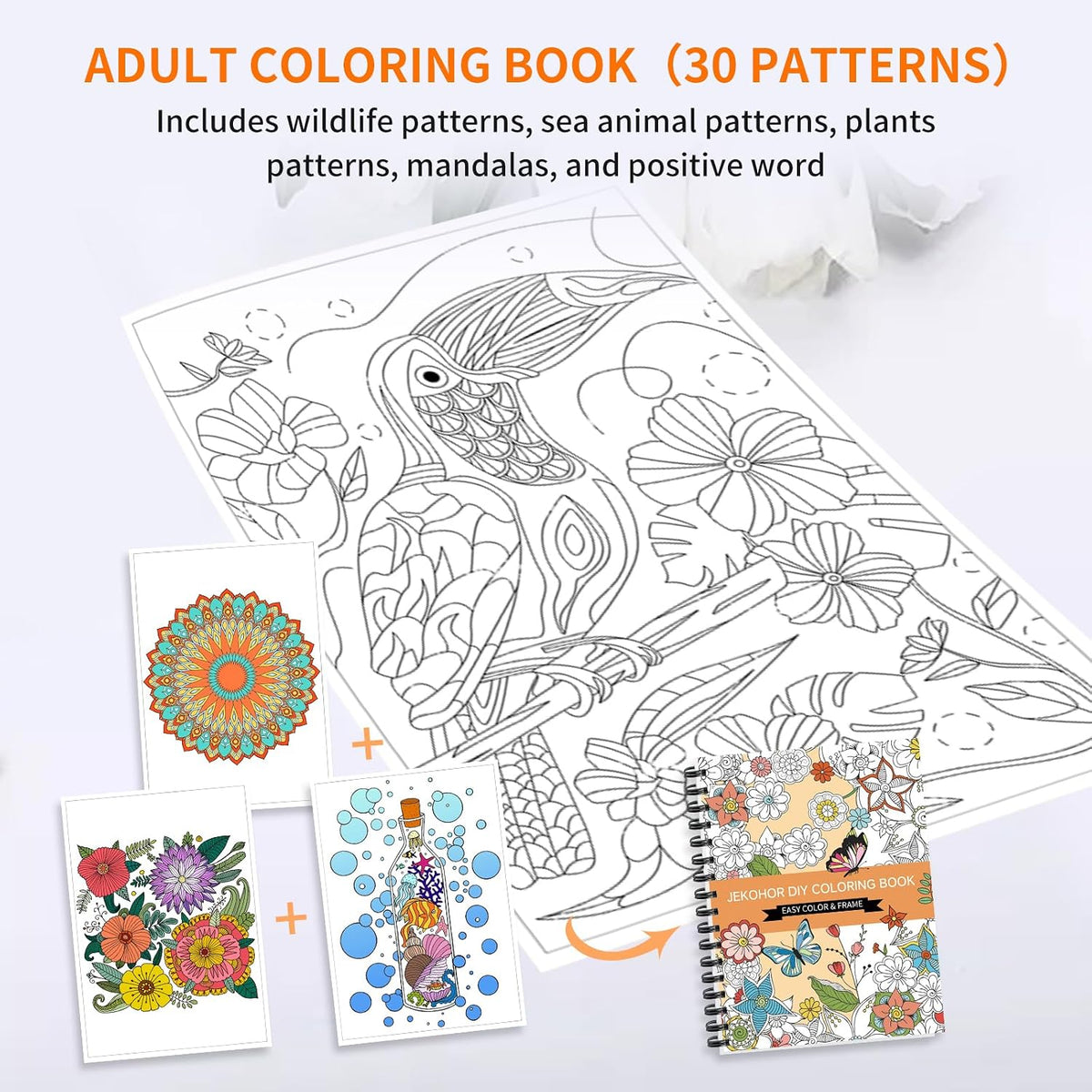 Adult Coloring Book with 36 Color Markers, Floral, Animal & Mandala Designs