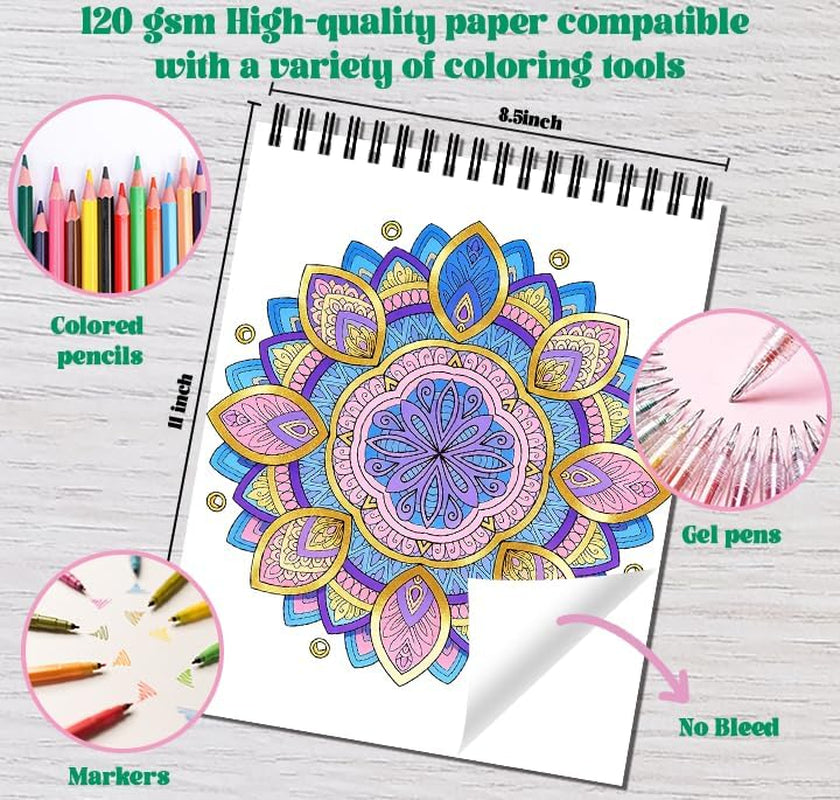 Mandala Adult Coloring Book Set - 3 Pack Spiral Bound Coloring Books for Adults Relaxation, 60 Original Mandala Designs, Stress Relief Anxiety Relief Gifts for Women Men