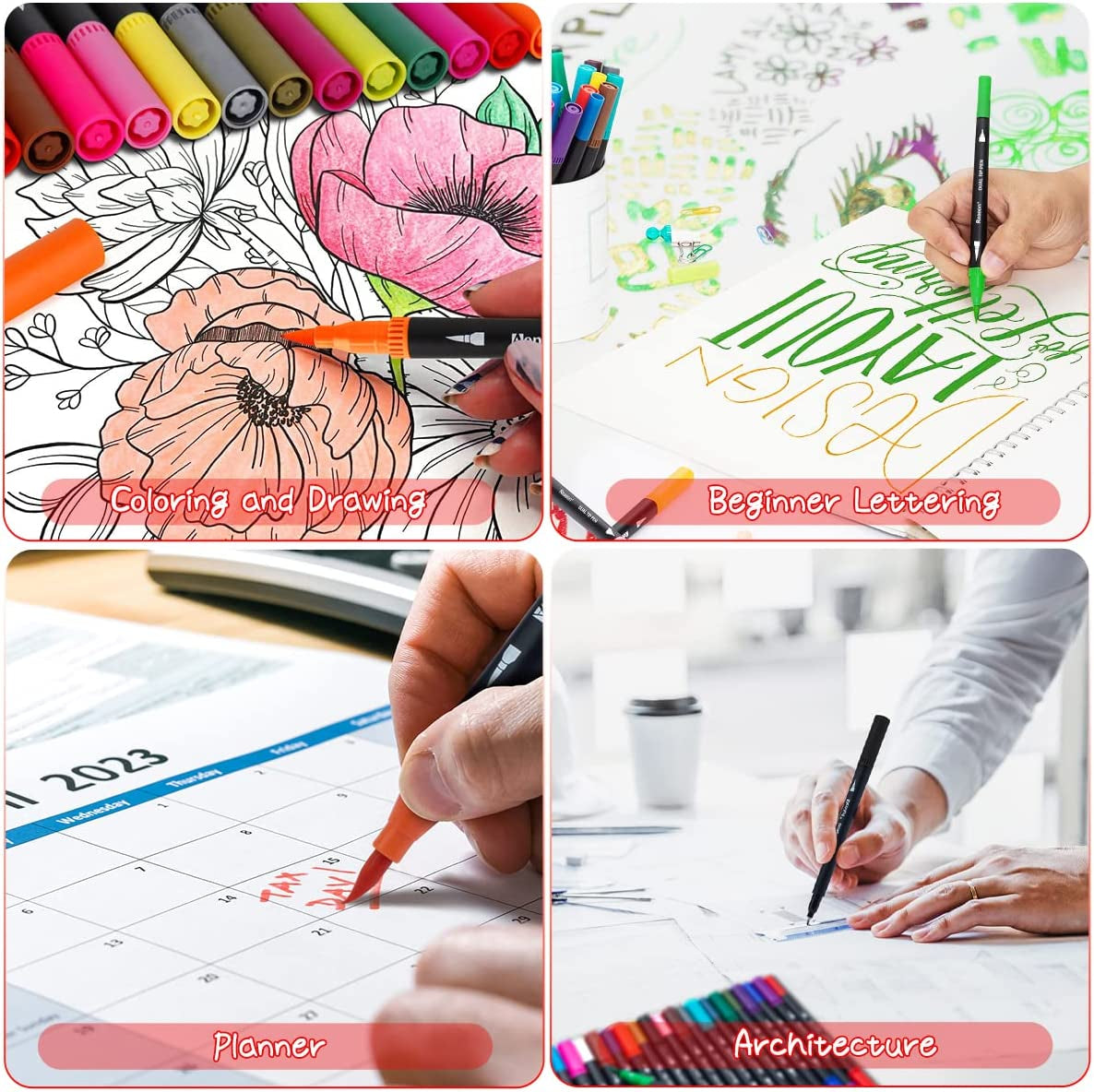 36 Dual Brush Markers for Adult Coloring Books, Double Tip Pens Art Set
