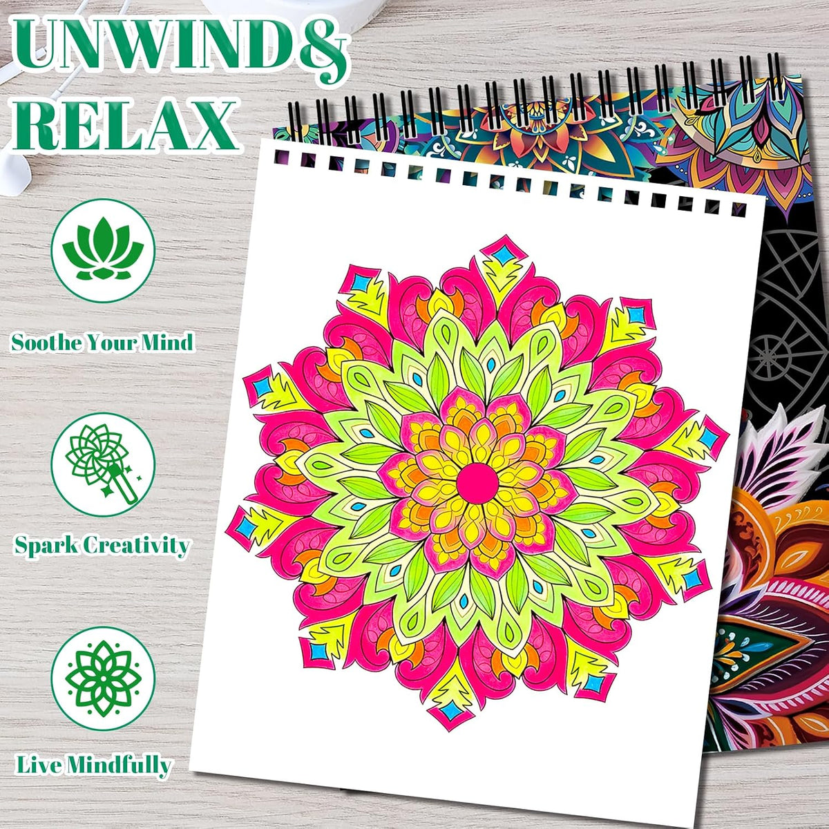 Mandala Adult Coloring Book Set - 3 Pack Spiral Bound Coloring Books for Adults Relaxation, 60 Original Mandala Designs, Stress Relief Anxiety Relief Gifts for Women Men