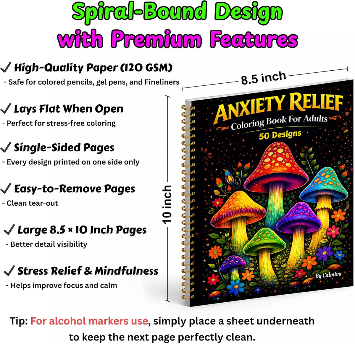 Anxiety Relief Coloring Book for Adults Spiral Bound: 50 Relaxing Designs for Stress Relief and Mindfulness | Floral, Nature & Cozy Scenes for Women and Men | Perforated Pages | Single-Sided Print