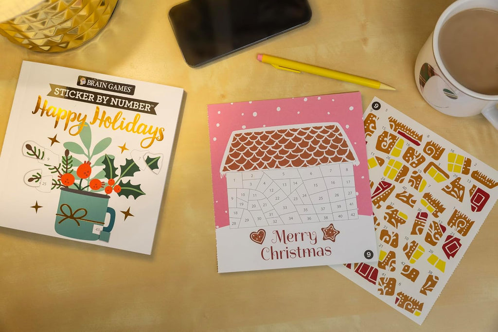 Brain Games - Sticker by Number Compact Edition: Happy Holidays | 7X7 Inches | Christmas Stocking Stuffer, Travel Size Activity Book for Adults & Kids 7+