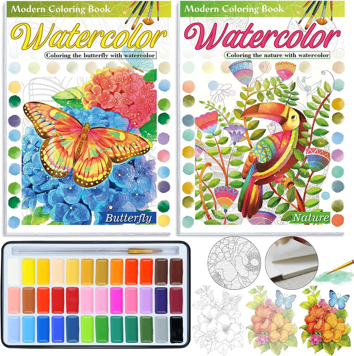 2Pack Watercolor Coloring Book for Adults + 36 Color Watercolor Set: 24 Unique Patterns, 100% Cotton 300Gsm A4, for Beginners & Advanced to Enhance Techniques, Gift for Women(Nature & Butterfly)