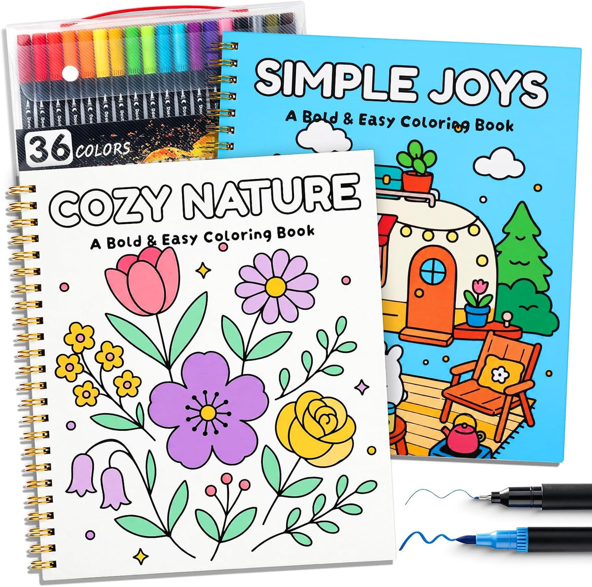 2 Pack Coloring Book for Adult,Funny Coloring Books Set for Adults Relaxation with 36 Colors Dual Tip Markers,Relieving Gift for Women with Easy & Simple to Color Pages