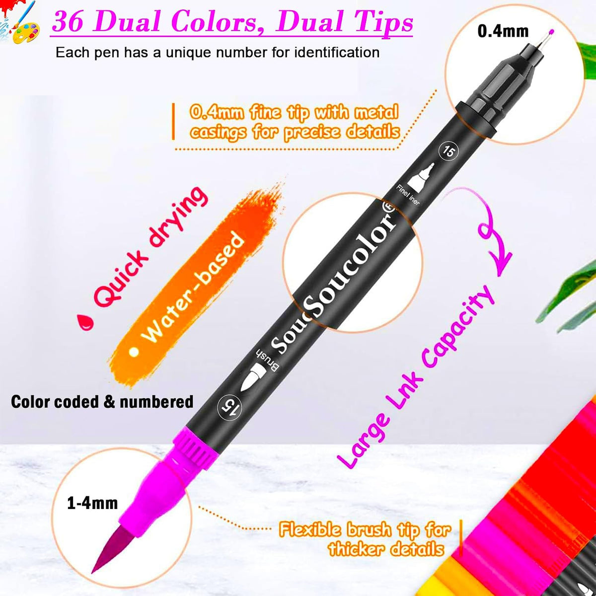 36 Dual Tip Brush Markers, Water-Based Art Pens, Adult Coloring