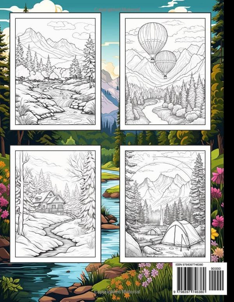 Adult Coloring Book - Relaxing Landscapes: Large Print Nature Coloring Book for Stress Relief and Relaxation / 50 Calming Scenery Designs to Color for Women and Teens