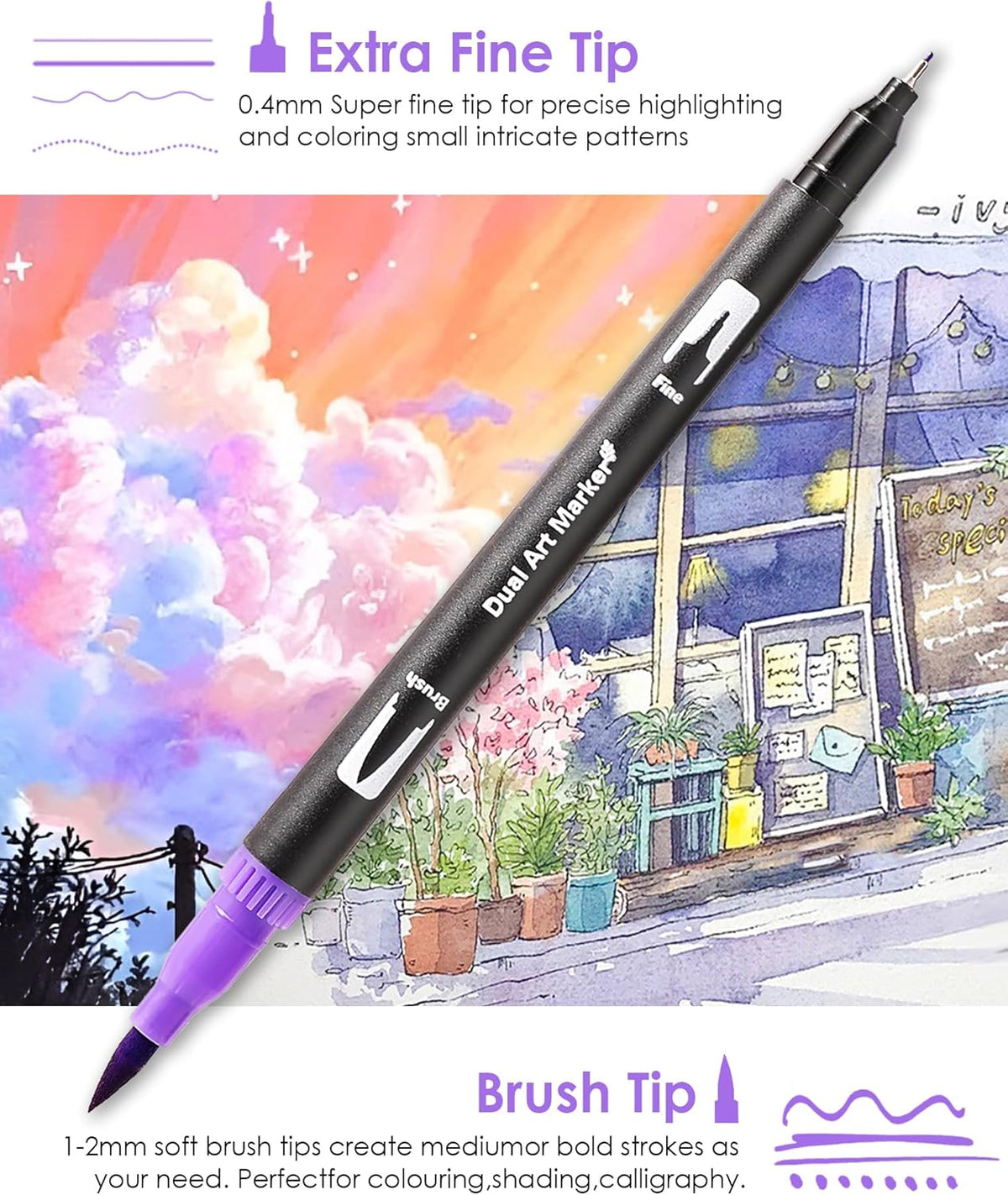 72 Colors Dual Tip Watercolor Markers Pens for School Supplies-Brush & Fine