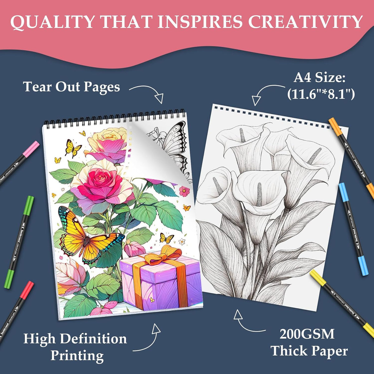 Coloring Books for Adults, 24 Spiral-Bound Single-Sided Butterfly Designs