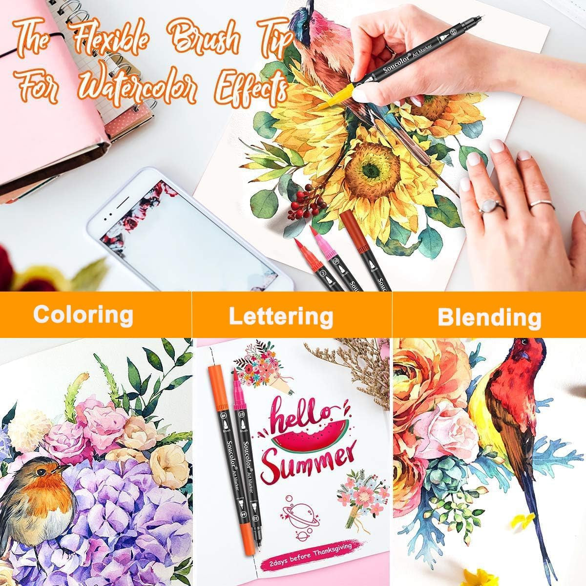 36 Dual Tip Brush Markers, Water-Based Art Pens, Adult Coloring