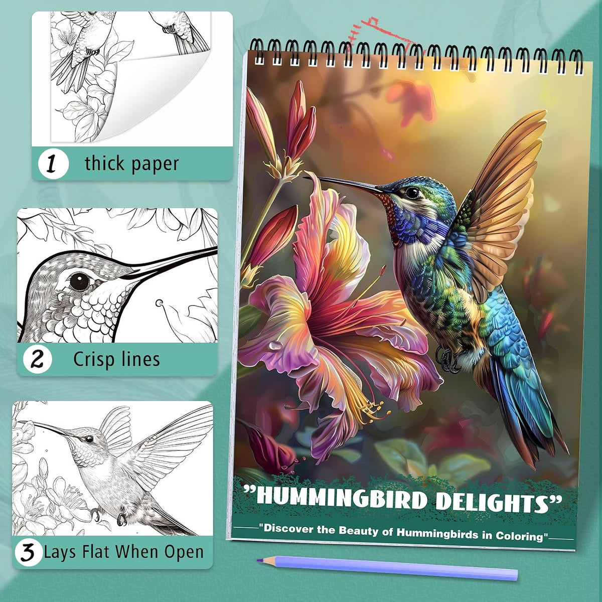 Humming Bird Adult Coloring Book Spiral Bound Mindfulness Adult Coloring Book for Women Relaxation Spiral Bound Lay Flat, Single-Sided Print with 24 Pages, Anxiety Relief Gifts Relaxation