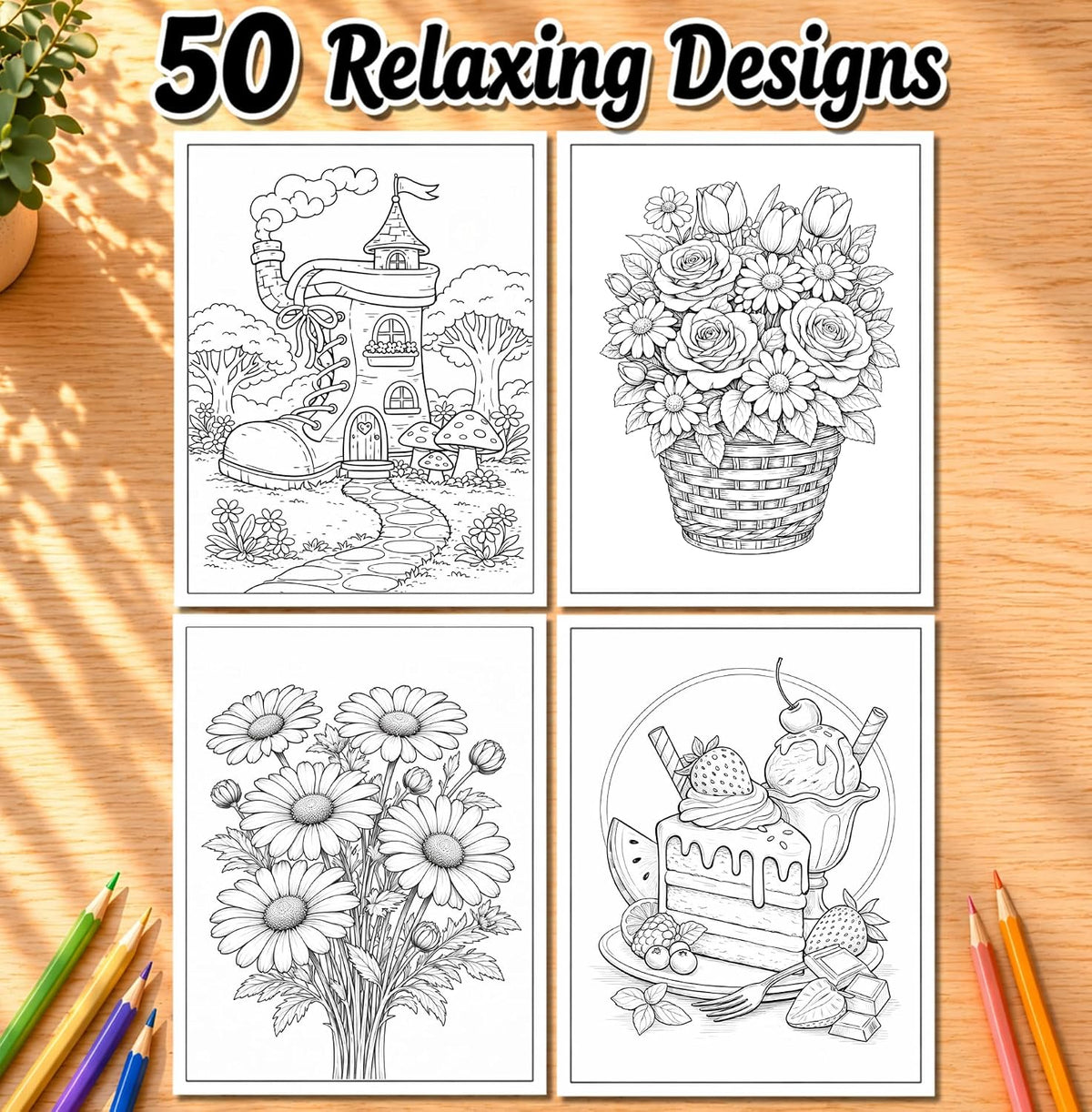 Anxiety Relief Coloring Book for Adults Spiral Bound: 50 Relaxing Designs for Stress Relief and Mindfulness | Floral, Nature & Cozy Scenes for Women and Men | Perforated Pages | Single-Sided Print