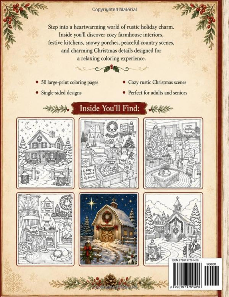 Cozy Farmhouse Christmas Coloring Book: Large Print Festive Rustic Home Scenes for Adults and Seniors