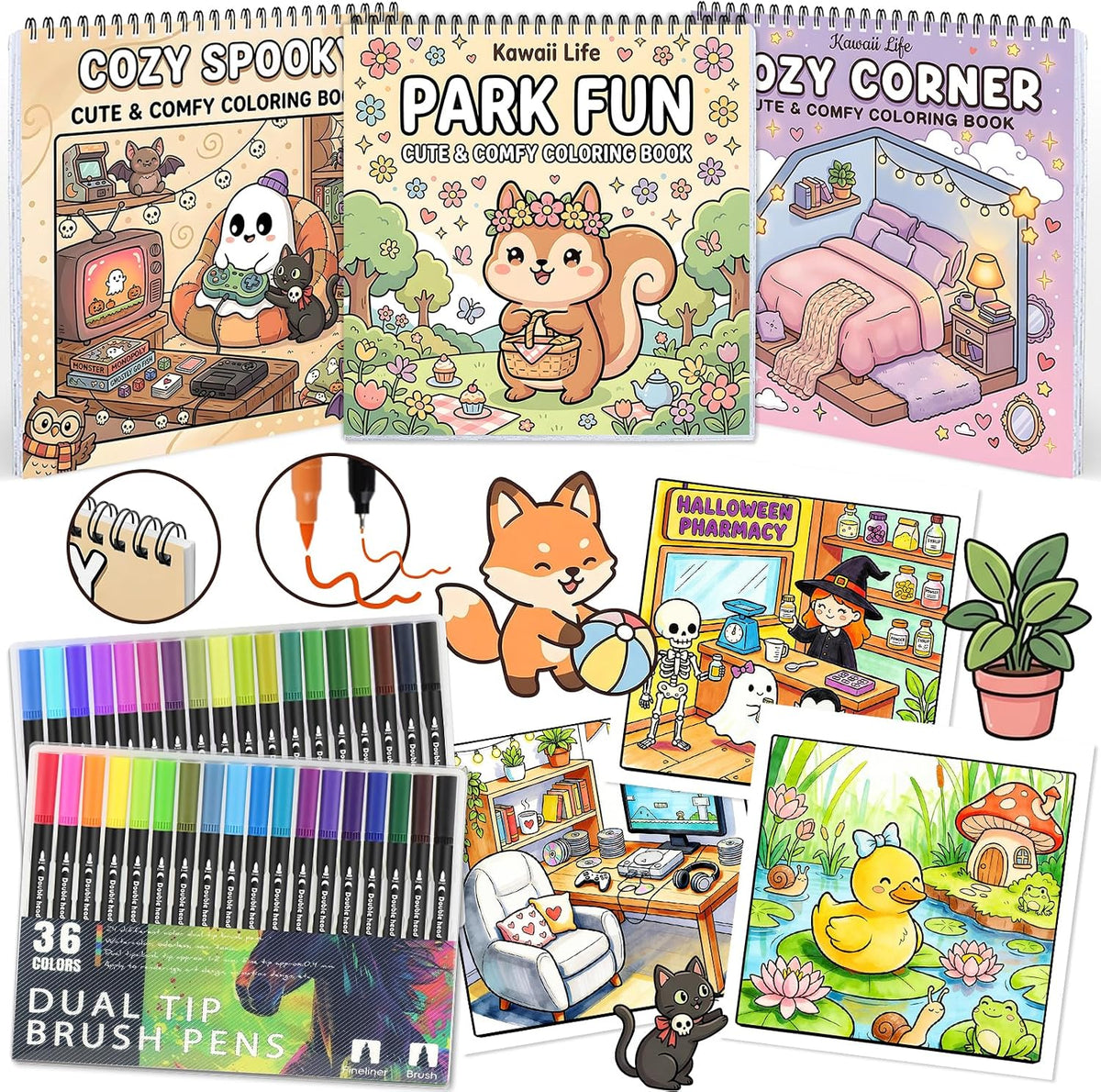 3Pack Adult Coloring Books with Markers, Spiral Bound Stress Relief Art Kit