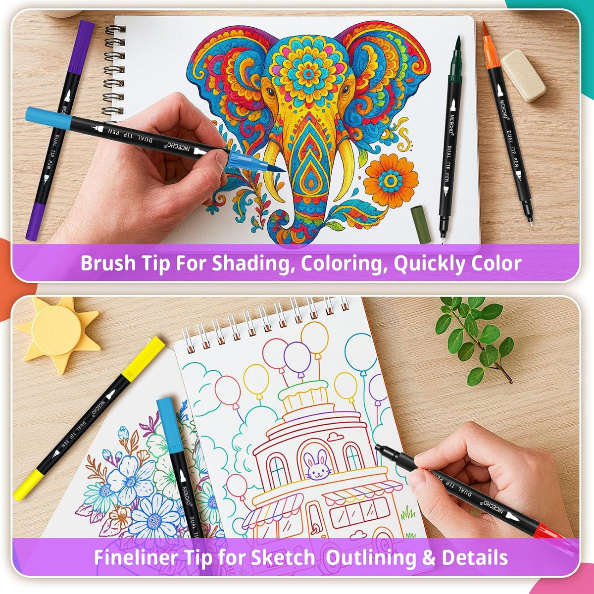 24 Colors Dual Tip Art Markers Pens for Adult Coloring Books