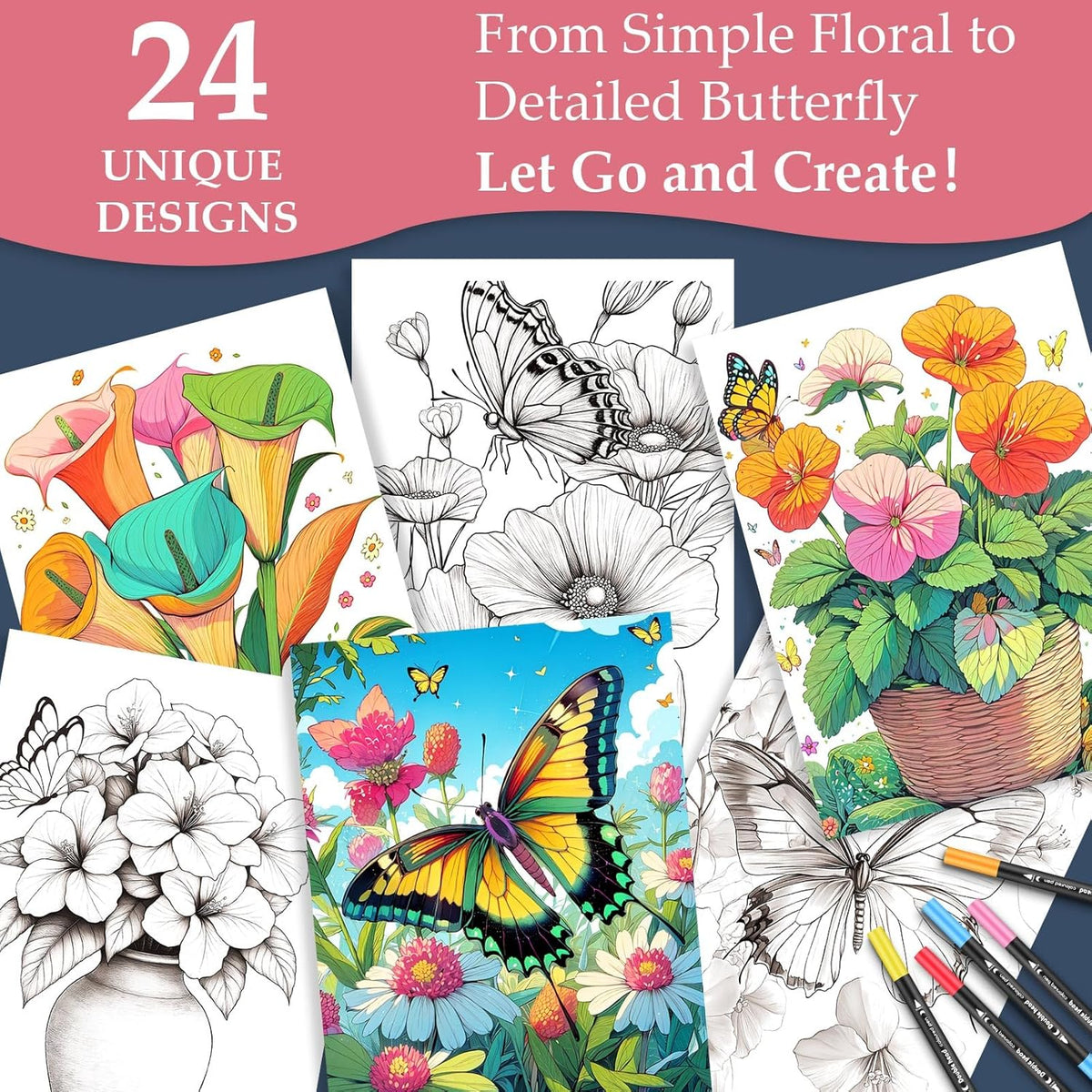 Coloring Books for Adults, 24 Spiral-Bound Single-Sided Butterfly Designs
