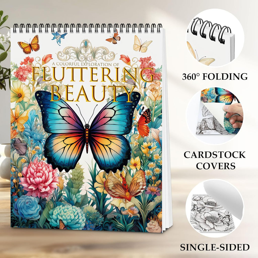 Coloring Books for Adults, 24 Spiral-Bound Single-Sided Butterfly Designs