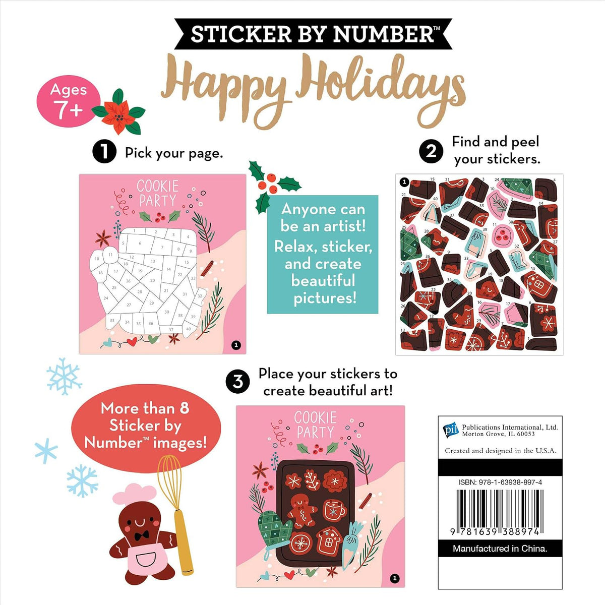 Brain Games - Sticker by Number Compact Edition: Happy Holidays | 7X7 Inches | Christmas Stocking Stuffer, Travel Size Activity Book for Adults & Kids 7+