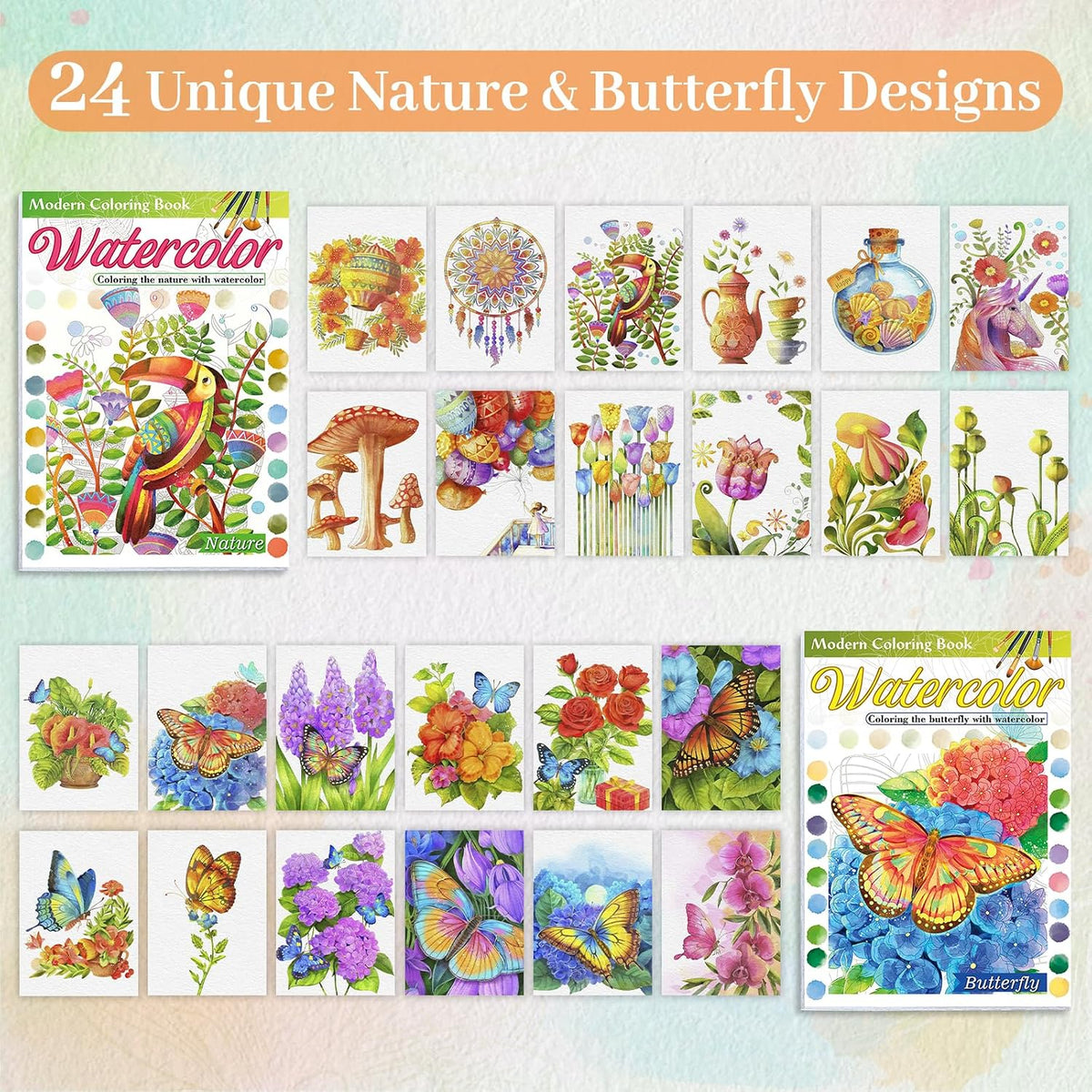 2Pack Watercolor Coloring Book for Adults + 36 Color Watercolor Set: 24 Unique Patterns, 100% Cotton 300Gsm A4, for Beginners & Advanced to Enhance Techniques, Gift for Women(Nature & Butterfly)