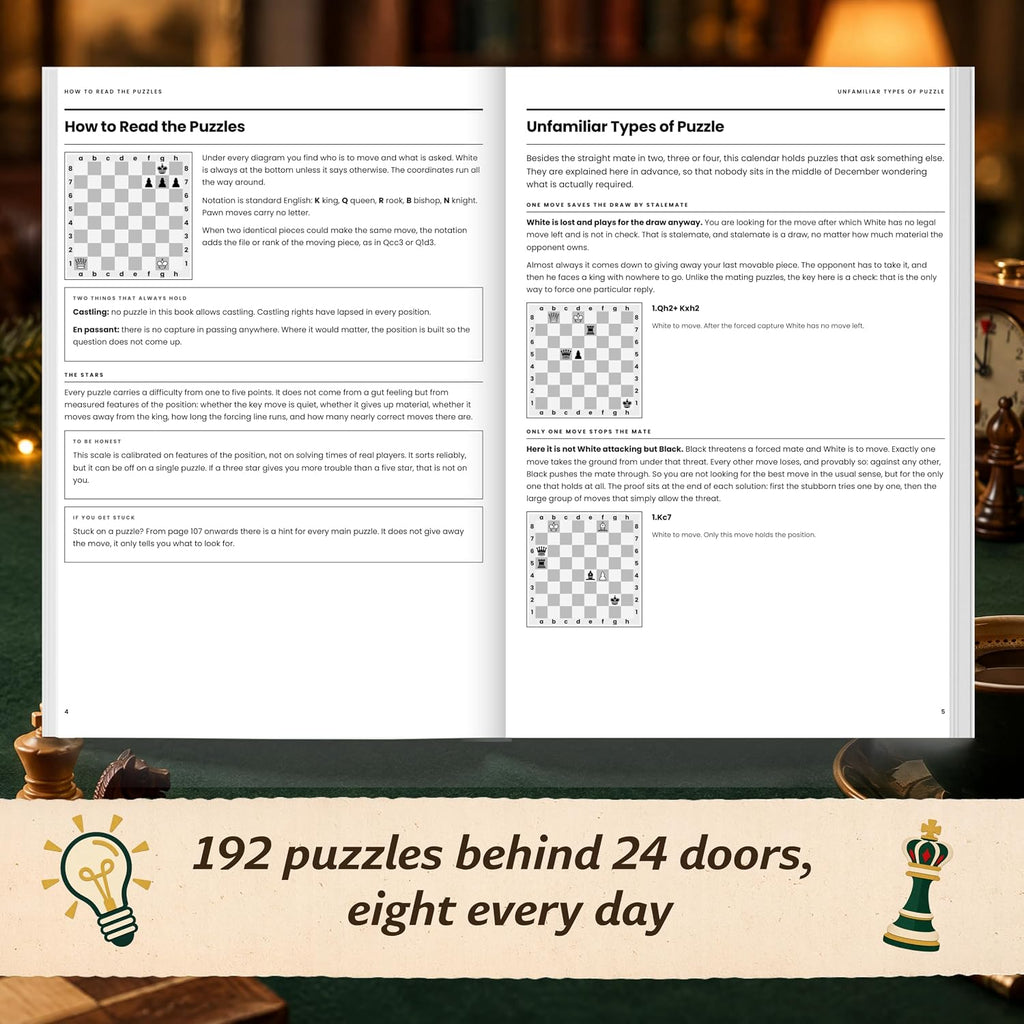 The Big Chess Puzzle Advent Calendar Book – 192 Puzzles for Adults, from Quick Warm-Ups to Problems That Bite Back. Eight Types, Every Solution Explained.