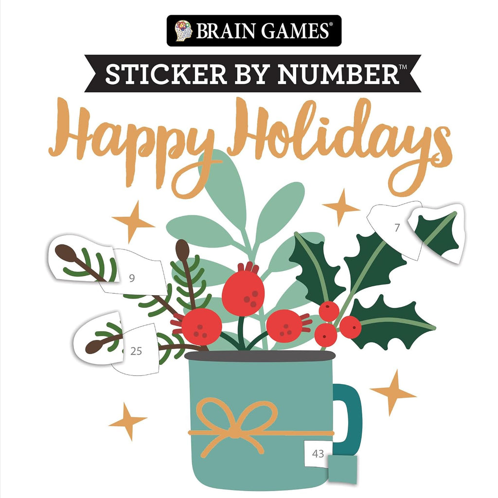 Brain Games - Sticker by Number Compact Edition: Happy Holidays | 7X7 Inches | Christmas Stocking Stuffer, Travel Size Activity Book for Adults & Kids 7+