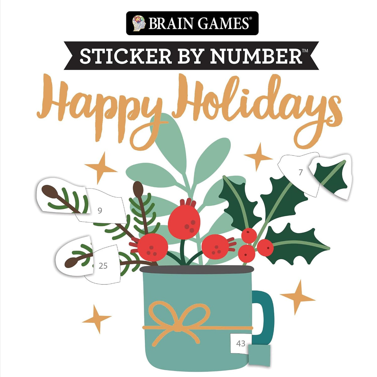 Brain Games - Sticker by Number Compact Edition: Happy Holidays | 7X7 Inches | Christmas Stocking Stuffer, Travel Size Activity Book for Adults & Kids 7+