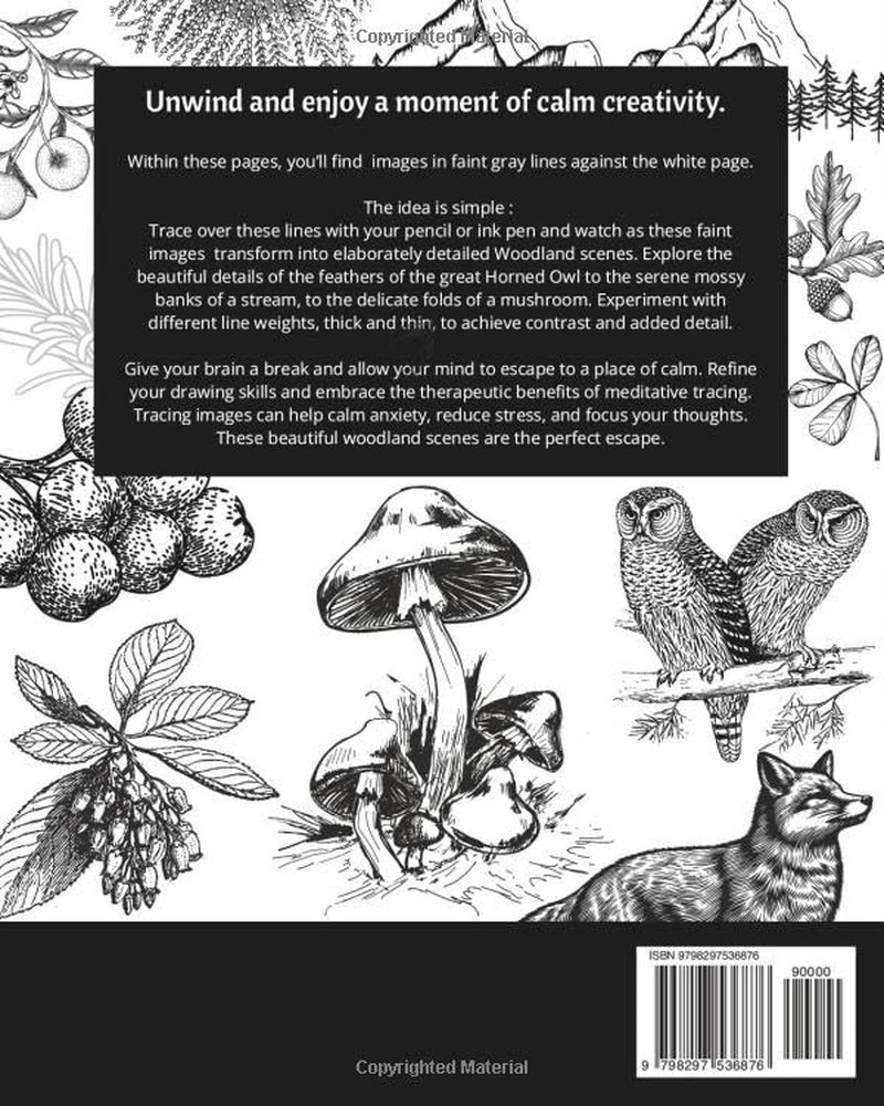 TRACE & RELAX WOODLAND THEMED TRACING PAGES | MEDITATIVE TRACING PAGES | INK TRACING ADULT COLORING BOOK (Trace & Relax Print Book Series | Adult Ink Tracing Pages)
