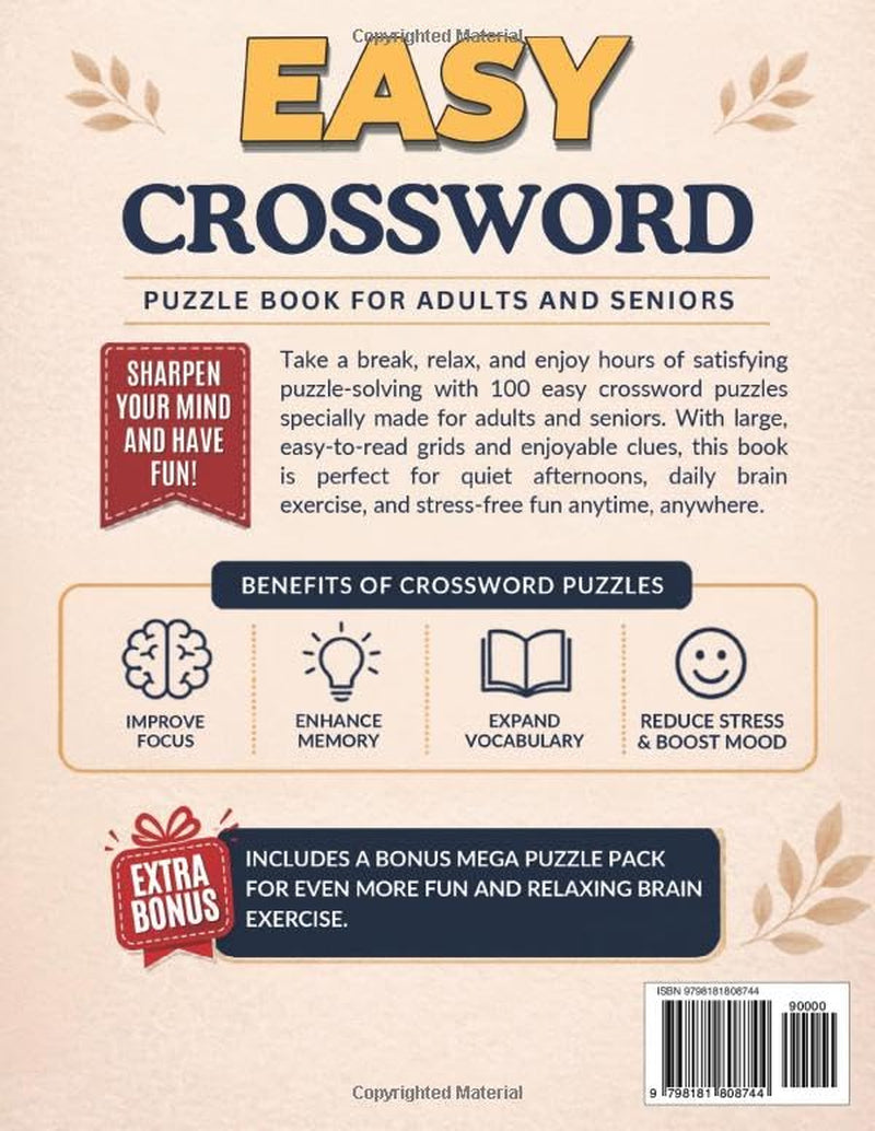 Ultimate Easy Crossword Puzzle Book for Adults and Seniors - 100 Puzzles: Relaxing Large Print Word Games to Keep Your Mind Active and Have Fun Every Day