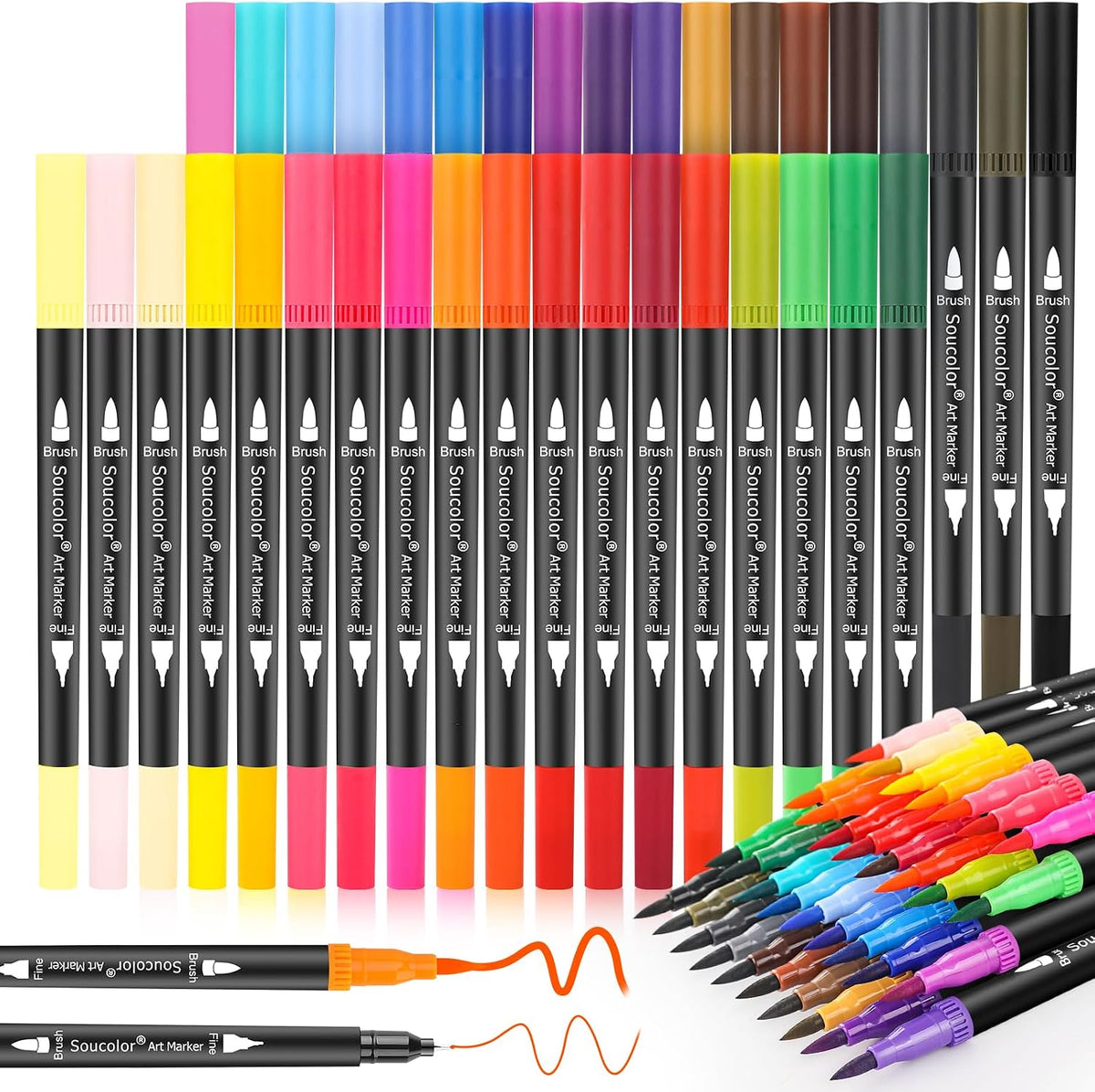 36 Dual Tip Brush Markers, Water-Based Art Pens, Adult Coloring