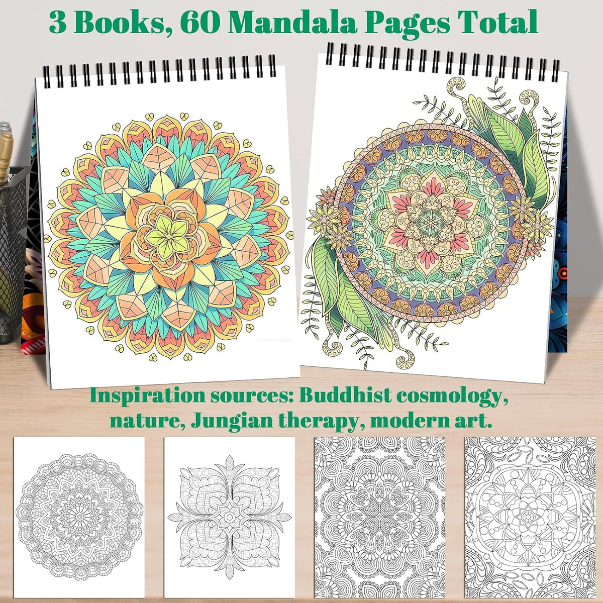 Mandala Adult Coloring Book Set - 3 Pack Spiral Bound Coloring Books for Adults Relaxation, 60 Original Mandala Designs, Stress Relief Anxiety Relief Gifts for Women Men