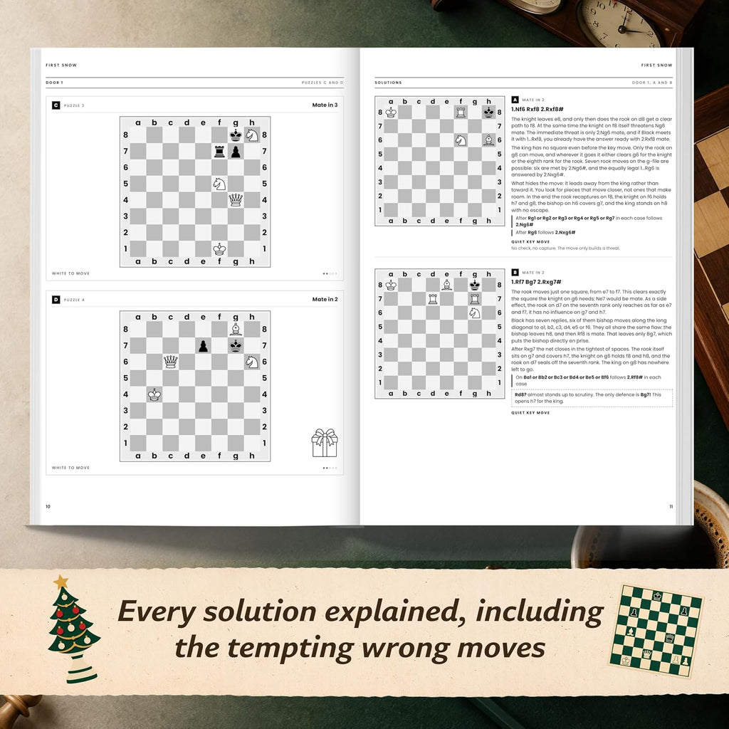 The Big Chess Puzzle Advent Calendar Book – 192 Puzzles for Adults, from Quick Warm-Ups to Problems That Bite Back. Eight Types, Every Solution Explained.