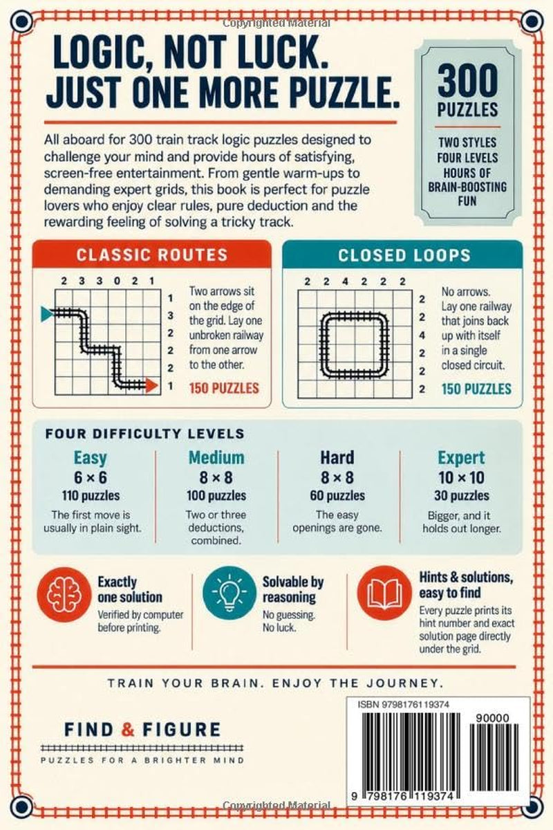 The Train Track Logic Puzzle Book for Adults: 300 Classic Routes & Closed Loops from Easy to Expert on 6×6, 8×8 & 10×10 Grids | a Hint for Every Puzzle | Full Solutions